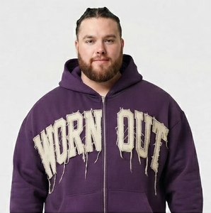 Men's Plus Size Zipper Hoodie Tracksuit Long Sleeve Distressed <b>Embroidery</b> Heavyweight 100% Cotton Fleece Plus Size Two Piece <b>Set</b> - Product Image 4