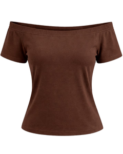 T-shirt marron chocolat pour femme, épaules dénudées, manches courtes, coupe ajustée, décontracté, été, en coton doux, fabrication sur mesure - Product Image 1