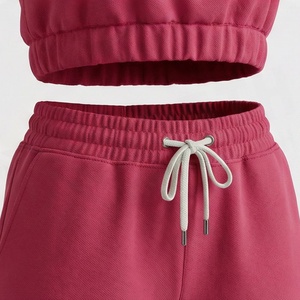 Women's 2 Piece Solid Color Sporty <b>Set</b> Sleeveless Crop Top and Above Knee Shorts Pink <b>Knitted</b> Breathable Casual Wear - Product Image 5