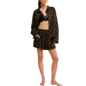 Ensemble de détente 2 pièces pour femme à imprimé floral, manches longues, col rabattu, en coton, décontracté, avec short, coupe ample, tenue d'été - Product Image 5