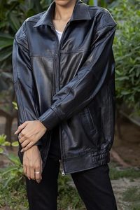 Chaqueta Bomber de Cuero Genuino para Mujer, Manga Larga, Cuello Camisero, Cierre de Cremallera, Estilo Otoñal, Color Sólido - Product Image 4