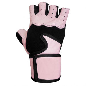 Real Cowskin Leather <b>Fingerless</b> Gym Fitness <b>Gloves</b> Extra Wrist Wrap Support Unisex Pink Black Workout Padded Palm Grip High - Product Image 3