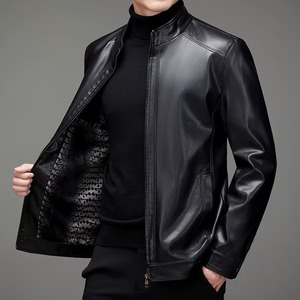 Blouson en cuir PU pour homme, style motard, col montant, fermeture éclair, coupe ajustée, couleur unie, manches classiques, décontracté, automne-hiver - Product Image 4