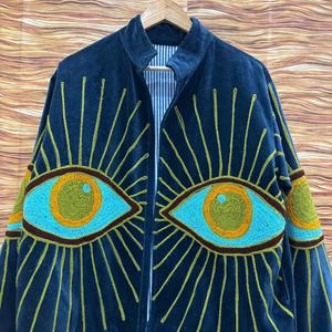 Chaqueta de terciopelo bordada con ojo turco para mujer, abrigo bohemio artístico hecho a mano, prenda exterior de moda. - Product Image 2