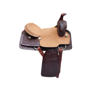 DD Leather Dual Tone Western Barrel Roping Saddle Diseño floral a mano Costura elegante Asiento duro Equitación Ropa ecuestre - Product Image 2