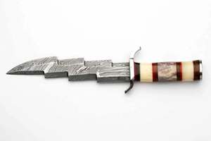 Handcrafted <b>Stepped</b> Profile Twist Damascus Steel Fixed Blade <b>Outdoor</b> Tool Camel Bone Resin Stacked Handle Stainless Guard - Product Image 5