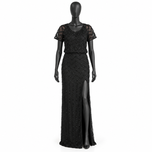 <b>Black</b> Chevron Embellished Evening Gown with Sheer Short Sleeves | <b>Floor</b> <b>Length</b> Formal Party <b>Dress</b> with Elegant High Front Slit - Product Image 1
