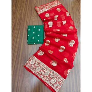 SOIRÉE GEORGETE SOIE DOUCE ZARI TRAVAIL SAREE AVEC CHEMISIER NON COUDU ROUGE - Product Image 2