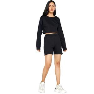 Custom Logo Winter Solid 100% Cotton Crop Top Hoodie Short <b>Set</b> <b>Women</b> Zipper Biker <b>2</b> <b>Piece</b> Jogger <b>Set</b> - Product Image 4