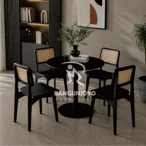 Minimalist Round <b>Iron</b> Dining Table with Teak Chairs Eco-Friendly Dining Room Furniture for Home Cafes & Restaurants - Product Image 1