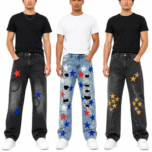 Jeans personnalisés pour hommes à imprimé étoiles, coupe large, effet usé, denim délavé vintage, style streetwear décontracté, coupe droite ample, vente en gros OEM - Product Image 1