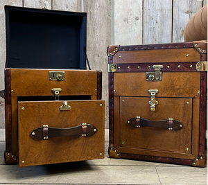 Vintage Leather Bedside Trunk Cabinet Set Antique <b>Storage</b> <b>Chest</b> Nightstand Drawer Metal Accents Large Capacity Space Living Room - Product Image 3