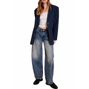 Blazer sur mesure OEM pour femme, bleu marine, coupe ajustée, col en V, un bouton, en viscose peignée et polyester, pour le bureau et les affaires, vente en gros - Product Image 6