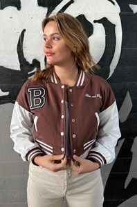 Brown Varsity <b>Jacket</b> With White Sleeves Embroidered Logo Button Closure Short Length Autumn Wear - Product Image 3