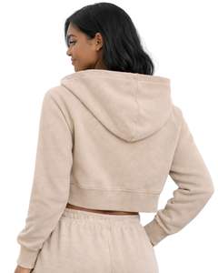 Sudadera con capucha corta personalizada para mujer, color beige, manga larga, estilo casual, para gimnasio y fitness. - Product Image 2