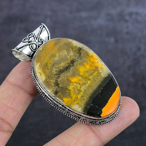 Colgante Solitario de Jaspe Abeja Natural Chapado en Plata con Engaste Canalizado, Joyería Bohemia Unisex, Regalo - Product Image 2