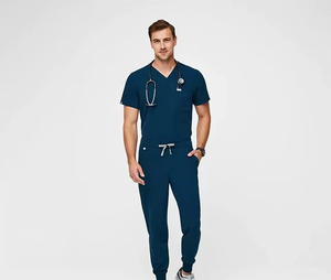 Ensemble de tenue médicale personnalisée pour hommes, col en V, manches courtes, pantalon de jogging en tissu polaire, pour hôpital, par Solomon Global Apparel - Product Image 6