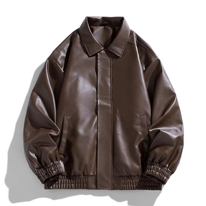 Men Oversized PU Leather Bomber Jacket <b>Drop</b> Shoulder Harajuku Streetwear Loose Fit Faux Leather Jacket OEM Custom - Product Image 4