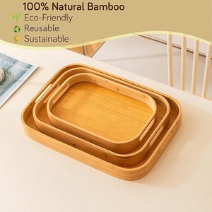 Eco-Friendly Bamboo Serving Tray <b>Set</b> of 3 Rectangular Stackable Wooden <b>Nesting</b> Trays with Handles for Breakfast <b>Coffee</b> <b>Table</b> - Product Image 2
