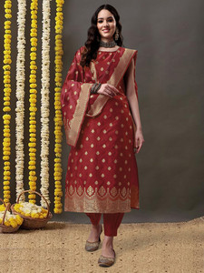Women <b>Red</b> Traditional <b>Silk</b> Suit With Gold Foil Print Dupatta Regular Fit Floor Length For Diwali India Pakistan Style - Product Image 4