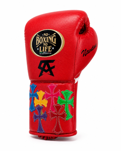 No Boxing No Life Gants de boxe en cuir rouge avec lacets au poignet et motif croisé coloré pour adultes - Product Image 5