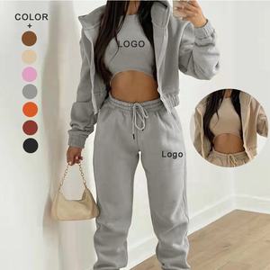 Ensemble de yoga gris pour femme, 2 pièces, couleur unie, haut court à manches longues, pantalon de jogging respirant en coton et élasthanne à taille mi-haute avec cordon de serrage - Product Image 1