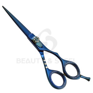 Professional Deep Blue Hair Cutting <b>Shears</b> with Floral Patterned Blade and Jeweled Pivot for Precision Styling - Product Image 4