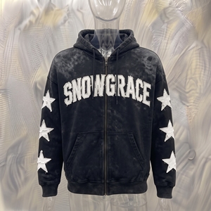 Sudadera con Capucha y Cremallera Snowgrace para Hombre, Estilo Urbano, Felpa, Corte Holgado, Diseño con Estampado de Estrellas Negras para Invierno - Product Image 3