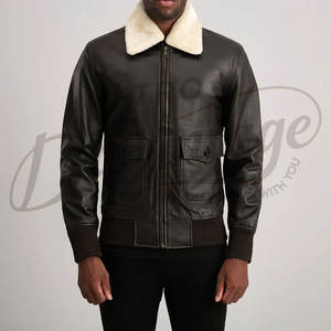 Chaqueta de Piloto de Cuero Genuino Negro para Hombre, Abrigo de Invierno Cálido con Forro de Piel de Oveja Crema, Chaqueta de Motero - Product Image 2