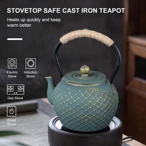 Théière japonaise en fonte de 40 oz avec infuseur en acier inoxydable, design grille Tetsubin, bleue, pour cuisinière, bouilloire à thé en vrac - Product Image 3
