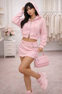 Ensemble sweat à capuche zippé et short en molleton de coton pour femme, orné de strass, style streetwear oversize, 100% coton 450GSM, avec cristaux - Product Image 2