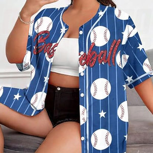 Chemise de baseball pour femme, maillot de baseball, chemise boutonnée à motif, haut à manches courtes pour le jour du match, vêtement de sport léger et décontracté, personnalisable - Product Image 2