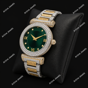 Reloj de lujo para hombre con esfera verde, diamantes incrustados, oro y plata, números romanos, bisel de cristal, elegante y a la moda. - Product Image 3