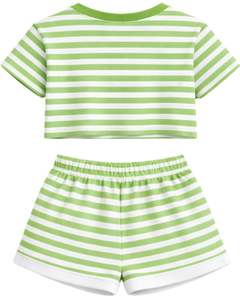 Ensemble décontracté d'été deux pièces pour femme : crop top rayé vert et short, taille élastique, tenue de détente, streetwear, OEM - Product Image 4
