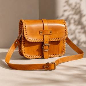 Handcrafted Tan <b>Leather</b> Crossbody Bag Vintage Satchel Purse With Braided Stitching Adjustable Shoulder Strap - Product Image 1