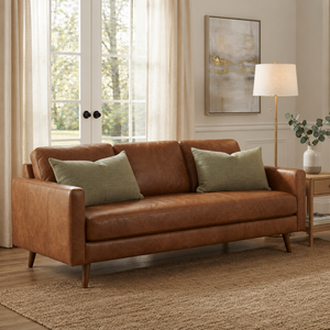 Midcentury Modern Genuine Leather Three Seat <b>Sofa</b> <b>With</b> Wooden Legs Tight Back Straight Arms Living Room Furniture Leather <b>Sofa</b> - Product Image 1