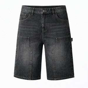 Pantalones cortos de mezclilla holgados para hombre, negros, con efecto desgastado, estilo urbano, producción OEM personalizada, corte holgado, hasta la rodilla, vaqueros vintage de verano con bordado. - Product Image 1