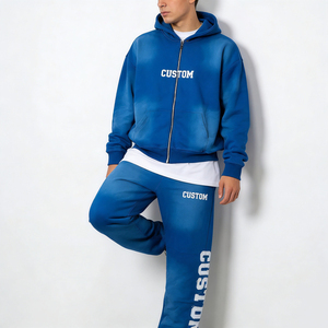 เสื้อฮู้ดดี้ผู้ชายสีน้ำเงินเทรนดี้ ลายมัดย้อม ซิปยาว ทรงโอเวอร์ไซส์ พิมพ์ลายตัวอักษร สวมใส่สบาย สไตล์ลำลอง สตรีทแวร์ - Product Image 3