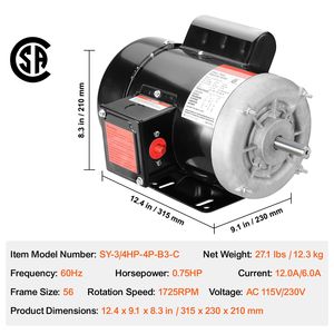 Motore Elettrico Monofase 0.75HP 1725 Giri/min AC Telaio 56 Albero Scanalato 5/8'' 60Hz AC 1725 Giri/min Telaio 56 per Compressore d'Aria CW/CCW - Product Image 4