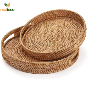 Bandeja de servicio de ratán redonda tejida a mano natural, bandeja de servicio de ratán redonda, bandejas tejidas decorativas con asas para mesa de centro - Product Image 1