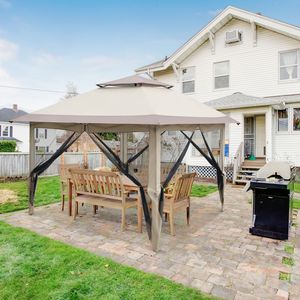 Tenda a baldacchino a 4 lati in rete di garza 3.6x3.6m, in tessuto Oxford bianco, con struttura in ferro verniciato, doppio tetto a sbalzo ad angolo retto, portatile, apertura con un solo pulsante - Product Image 5