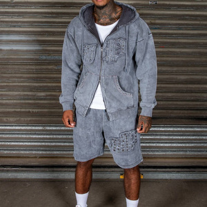 Ensemble de survêtement vintage OEM pour homme, effet délavé, avec logo appliqué et patchwork personnalisé, sweat à capuche à double fermeture éclair, 100 % coton - Product Image 4