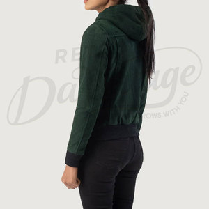 Women Emerald Green Genuine <b>Suede</b> Leather Hooded Bomber <b>Jacket</b> Slim Fit Premium Goat <b>Suede</b> Casual Winter Outerwear Fashionable - Product Image 2