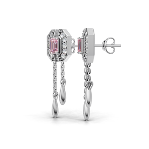 IGI Certified Lab Grown Diamond Pink Emerald Cut Tassel Drop <b>Earrings</b> in 18K <b>Gold</b> | Chain Dangle <b>Earrings</b> - Product Image 2