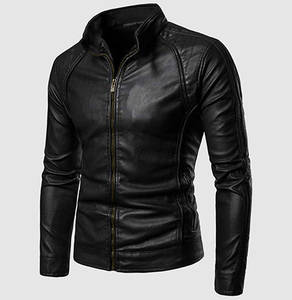 Blouson moto en cuir noir slim fit pour homme, col montant, fermeture éclair, manches classiques, couleur unie, idéal pour l'automne – Modèle très demandé - Product Image 1