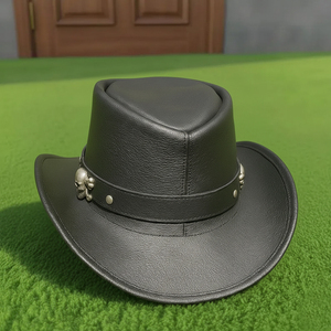 Sombrero de Vaquero Negro de Cuero Hecho a Mano de Primera Calidad con Banda de Calavera, Estilo Steampunk Gótico para Festivales de Rock - Product Image 3