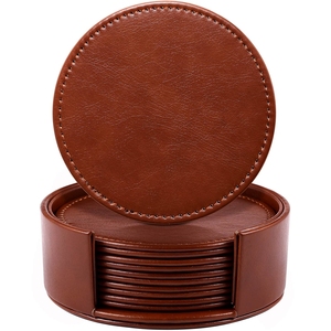 Luxury PU Leather <b>Coaster</b> Set with Holder 6pcs Waterproof <b>Heat</b> Resistant Round Faux Leather Drink <b>Coasters</b> for Home Office Bar - Product Image 1