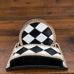 New Checkered Leather Coaster Set 4 <b>PC</b> With <b>Stand</b> Portable Premium Real Genuine Leather Coffee Table Cup mat Gift for Him or Her - Product Image 5