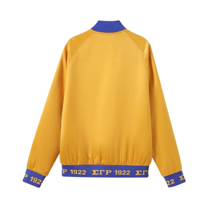 Chaqueta Varsity Dorada para Mujer con Ribete Azul, Cierre de Botones a Presión, Escudo Bordado, Letras Gráficas, Ropa Deportiva Informal - Product Image 2