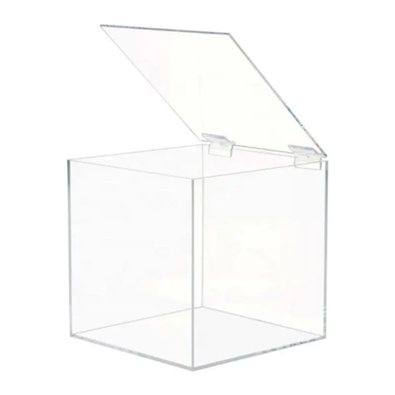 Caja acrílica transparente personalizada, tapa con bisagras, 5 caras